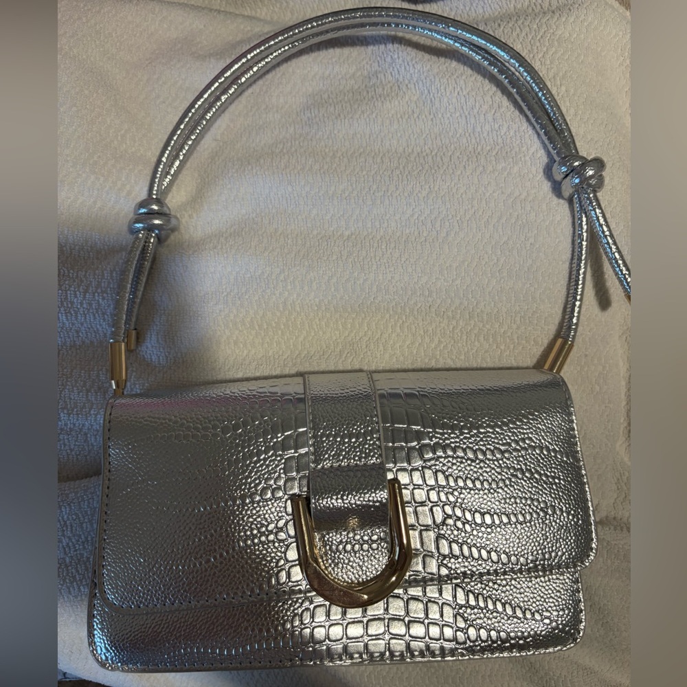 Silver Croc-Embossed Shoulder Bag